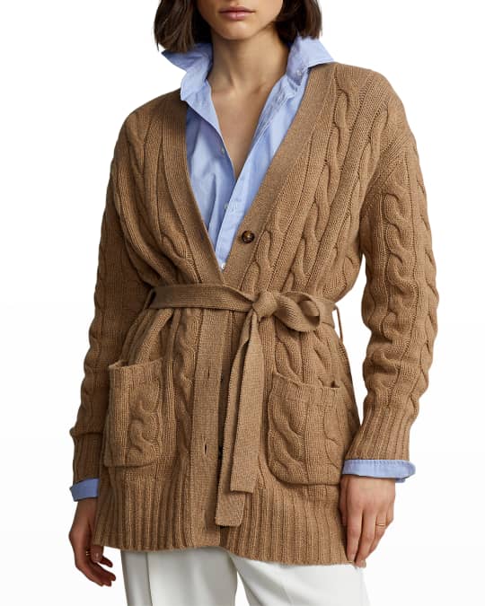 Belted cable knit cardigan deals