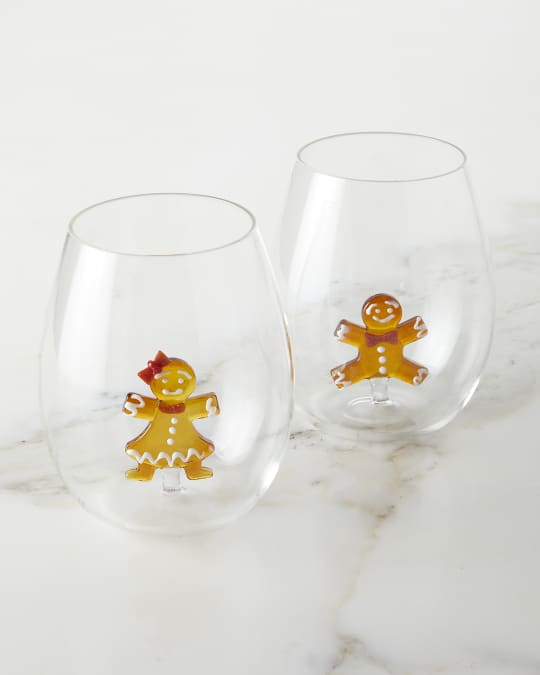 Neiman Marcus Christmas Gingerbread Stemless Wine Glasses, Set of 2