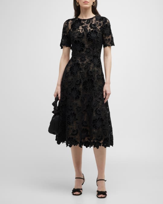 Carolina Herrera Floral Lace Scallop Midi Dress | Neiman Marcus