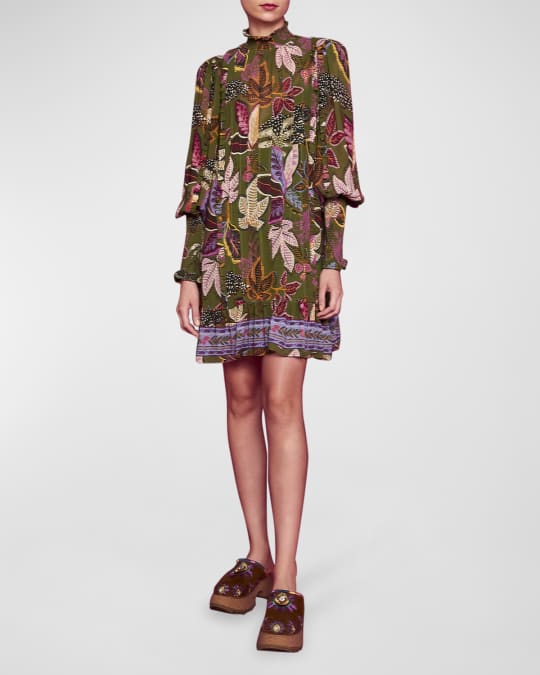 Farm Rio Wild Jungle Printed High-Neck Mini Dress | Neiman Marcus