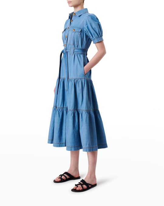 Derek Lam 10 Crosby Buffy Tiered Chambray Puffed-Sleeve Midi Dress
