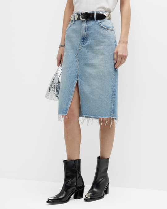 MOTHER The Ditcher Frayed Denim Midi Skirt Neiman Marcus