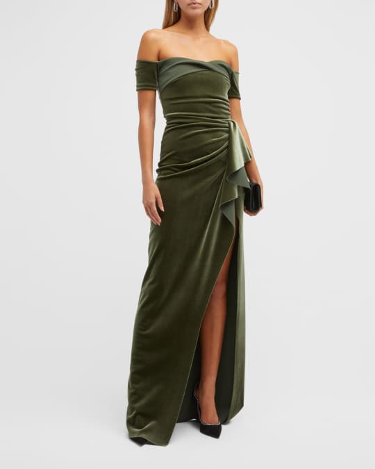 Mirla Off Shoulder Draped Velvet Gown