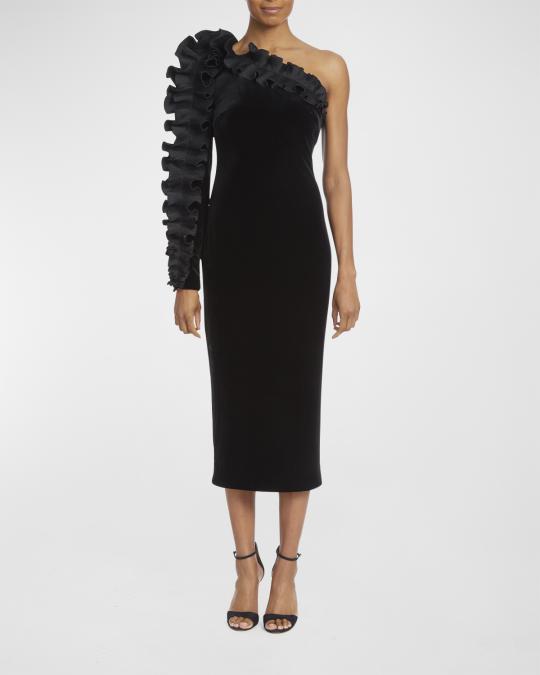 badgley mischka one shoulder ruffle dress Badgley Mischka One-shoulder Tiered Pliss-chiffon Gown in Blue