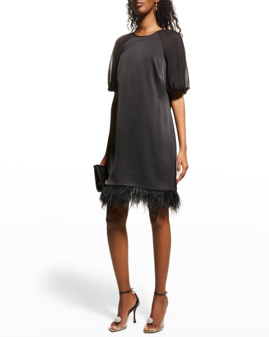 aidan mattox trapeze cocktail dress Aidan Mattox Puff-Sleeve Feathered-Hem Short Trapeze Dress
