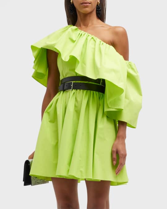 McQueen One-Shoulder Ruffle Poplin Mini Dress | Neiman Marcus