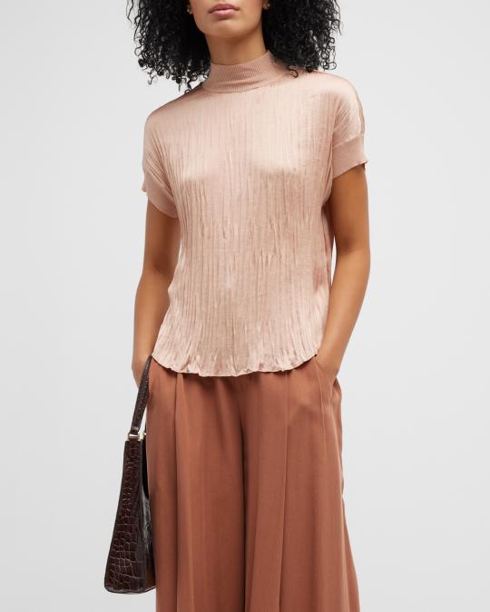 Vince Ribbed Mock-Neck Crushed Satin Popover Top | Neiman Marcus