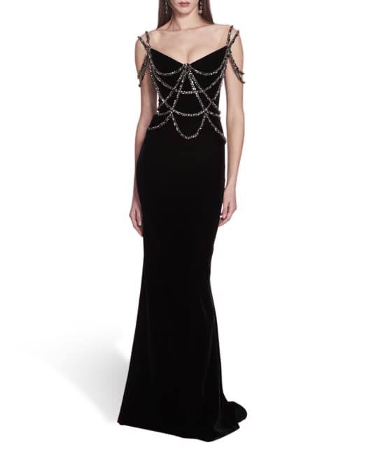 Marchesa Crystal Encrusted Chain Velvet Mermaid Gown | Neiman Marcus