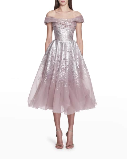 Marchesa Metallic Ombre Print Off-The-Shoulder Organza Midi Dress