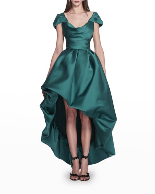 Marchesa Draped Duchess Satin High-Low Gown | Neiman Marcus