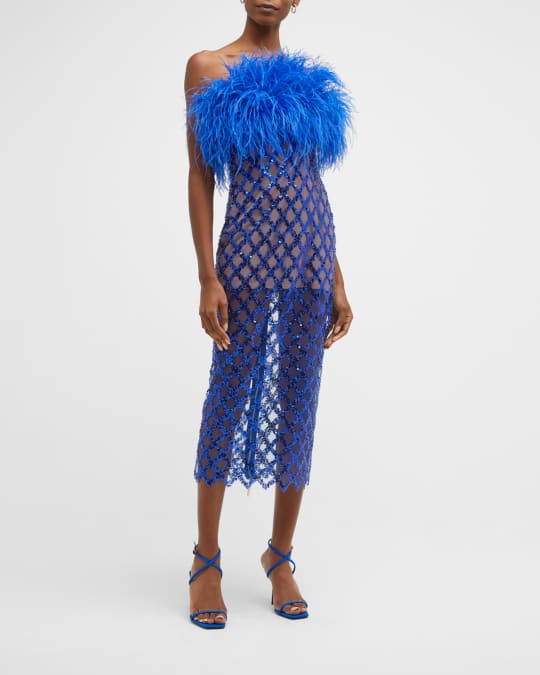 cobalt blue feather dress Andrea & Leo A1116 Sparkling Feathered Mermaid Corset Gown, Hot Pink / 8