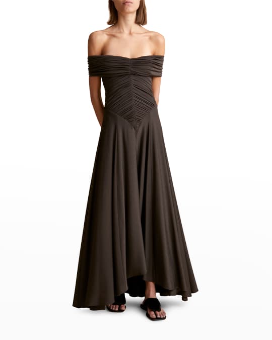 Khaite Punzel Pleated Off-The-Shoulder Maxi Dress | Neiman Marcus