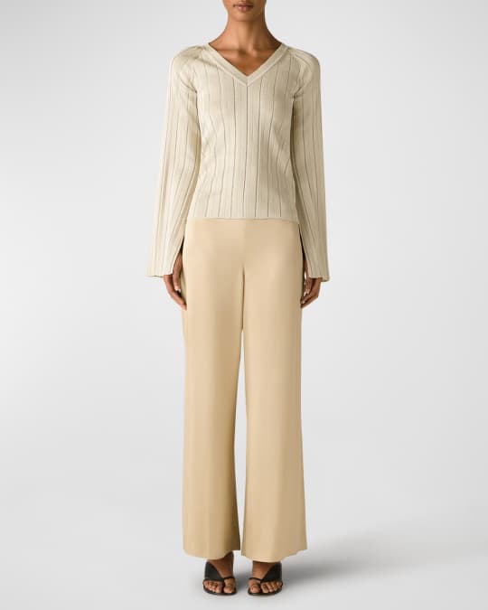 St. John V Neck Metallic Pleated Knit Sweater Neiman Marcus