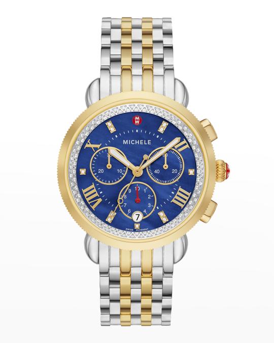 MICHELE Sport Sail Diamond Two-Tone Watch with Blue Mother  display picture 1