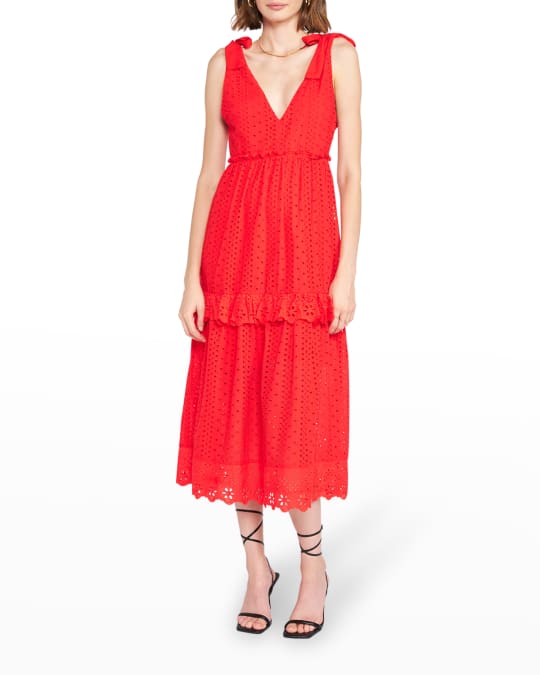 EN SAISON Hanna Tie-Shoulder Eyelet Midi Dress | Neiman Marcus