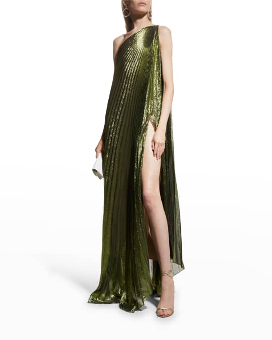 Oscar de la Renta One-Shoulder Pleated Metallic Lame Gown | Neiman Marcus
