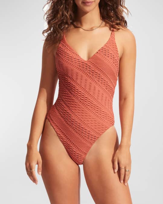 Seafolly Laser Cut V Neck One Piece Swimsuit Neiman Marcus