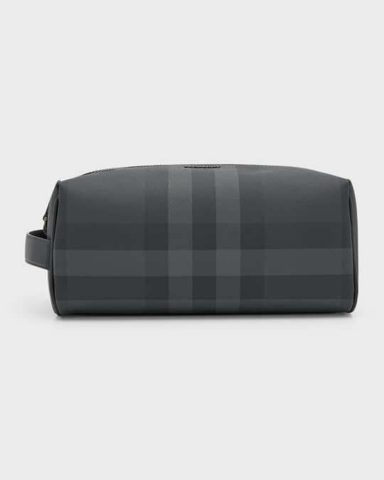 Burberry Men's Charcoal Check Leather Travel Zip Pouch | Neiman Marcus