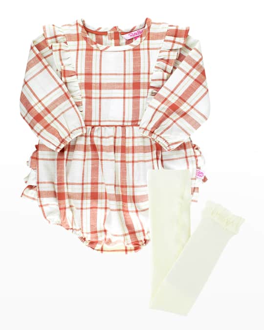 RuffleButts Girl's Burnt Sienna Ruffle Bubble Romper w/ Ribbed Tights