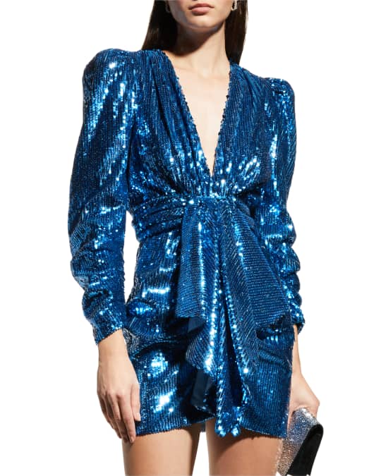 Ronny Kobo Elsie Draped Puff-Sleeve Sequin Mini Dress | Neiman Marcus