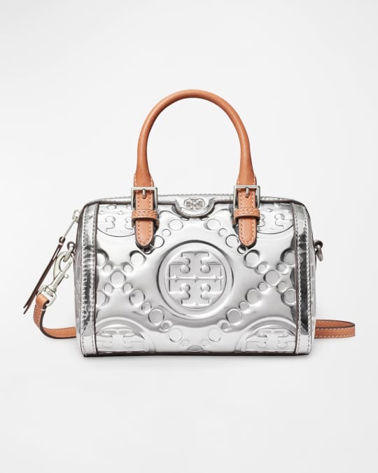 T Monogram Embossed Metallic Barrel Crossbody Bag