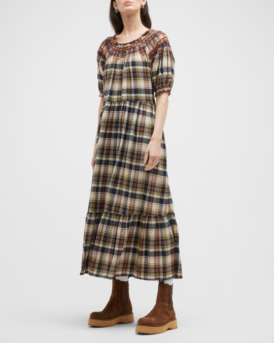 The Great The Sea Glass Plaid Embroidered A-Line Dress | Neiman Marcus