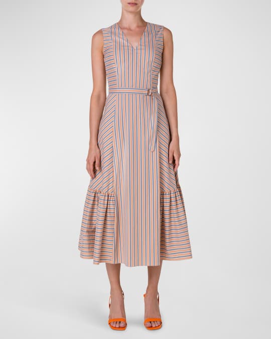 Akris punto Parasol Stripe Cotton Midi Dress with Belt | Neiman Marcus