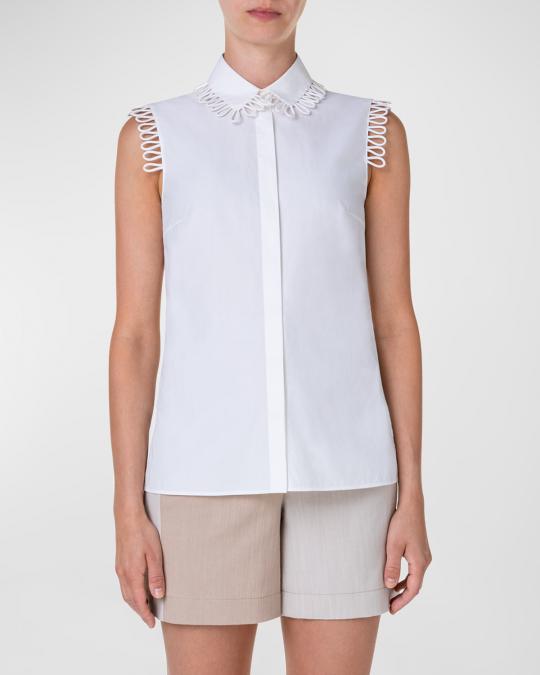 Akris punto Loop-Trim Collared Cotton Popeline Blouse | Neiman Marcus