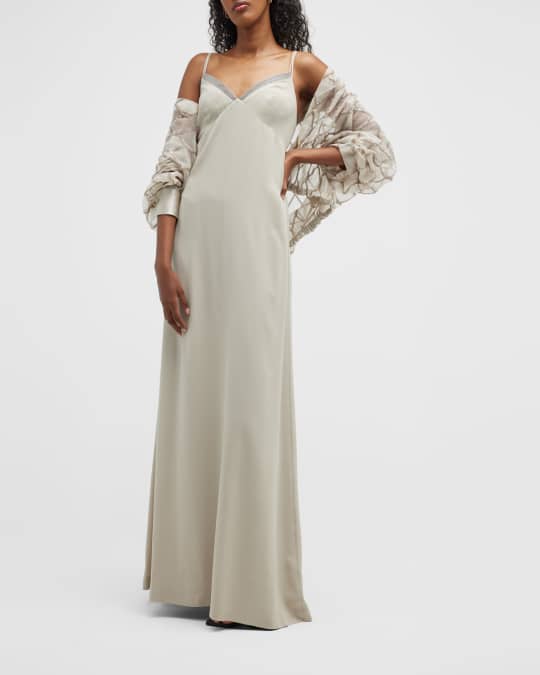 Brunello Cucinelli Monili-Trim Empire-Waist Silk Crepe Gown | Neiman Marcus