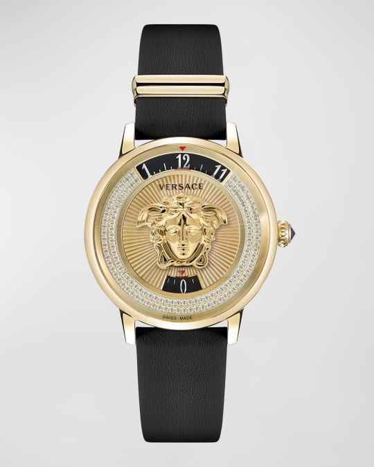 Versace Medusa Icon Watch with Black Leather Strap Yellow Gold IP