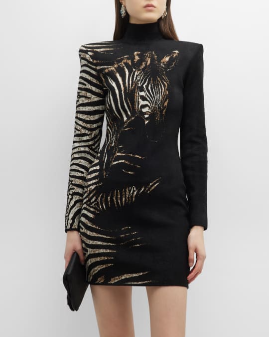 Zebra Jacquard Strong Shoulder Mini Dress