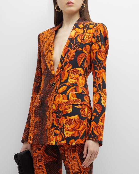 Roberto Cavalli Rose Snakeskin-Print Single-Breasted Blazer Jacket