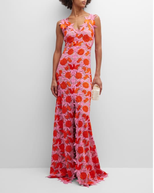 Lela Rose V-Neck Fruit Lace Slit-Hem Sleeveless Gown | Neiman Marcus