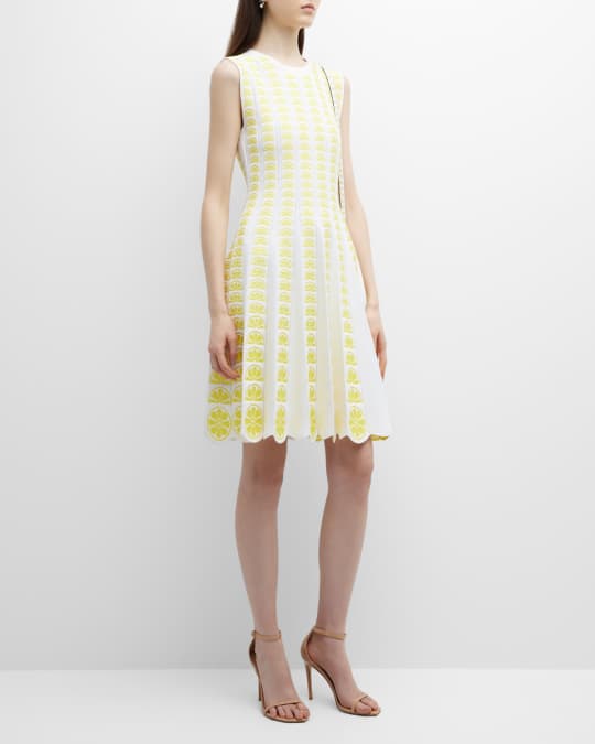 Lela Rose Pleated Short Dress with Lemon Embroidered Details