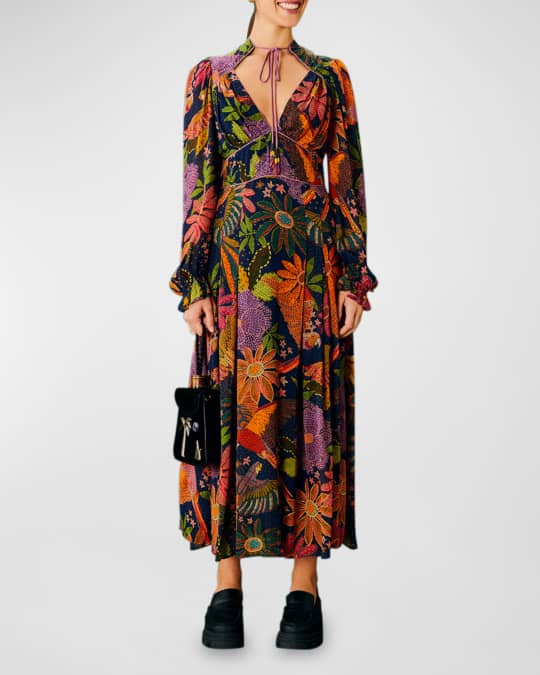 Farm Rio Cool Macaw Front-Tie Midi Dress | Neiman Marcus