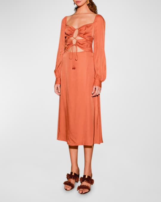 Farm Rio Caramel Cutout Front-Tie Satin Midi Dress | Neiman Marcus