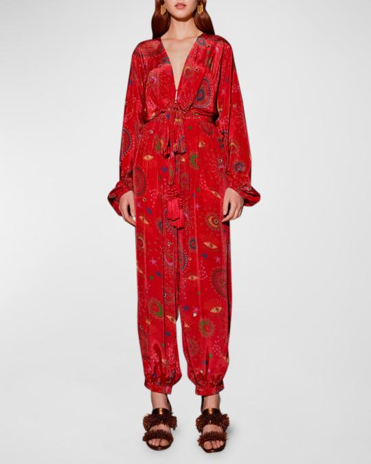 Farm Rio Mystic Night Printed Tassel Jumpsuit | Neiman Marcus