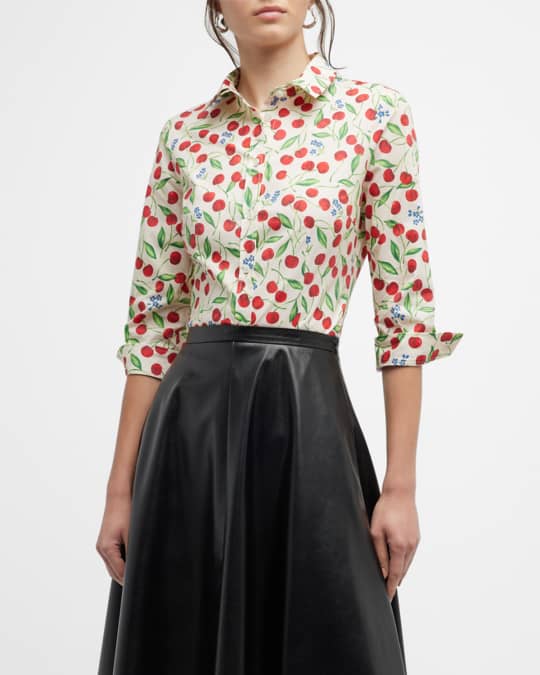 Carolina Herrera Cherry-Print 3/4 Sleeve Button-Down Blouse | Neiman Marcus