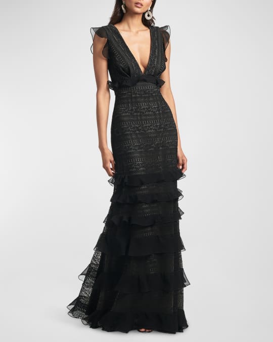 Serafina Ruffle Trim Deep V Neck Lace Gown