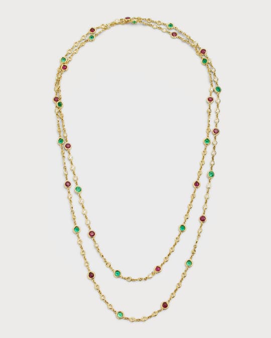 18K Yellow Gold Diamond Emerald and Ruby Necklace