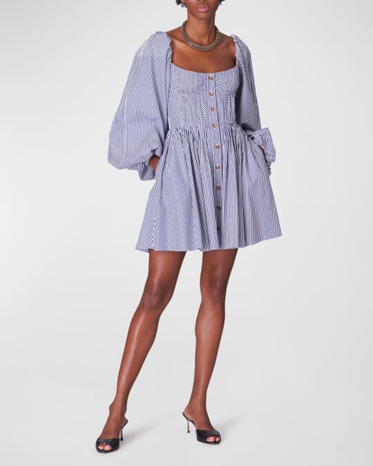 Carolina Herrera Striped Puff-Sleeve Button-Front Bustier Mini Dress ...