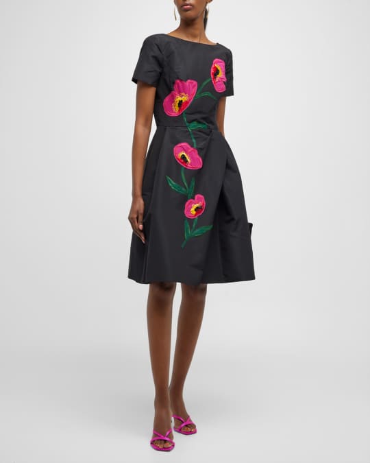 Carolina Herrera Floral Embroidered A-Line Dress | Neiman Marcus