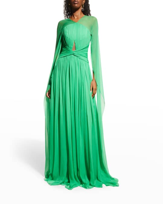 Pamella Roland Pleated Chiffon Cape Gown Neiman Marcus
