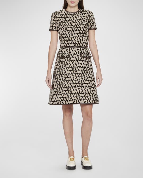 Valentino Garavani V-Logo Jacquard Leather-Trim Dress | Neiman Marcus