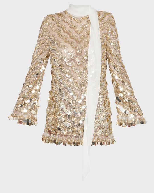Valentino Garavani Chevron Beaded Scarf-Neck Tulle Mini Dress | Neiman  Marcus