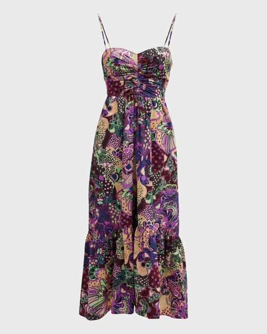 Lilah Printed Ruched Empire Midi Dress