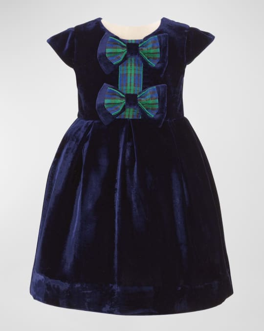 Girl's Bow Velvet Holiday Tartan Bow Dress, Size 6M-24M