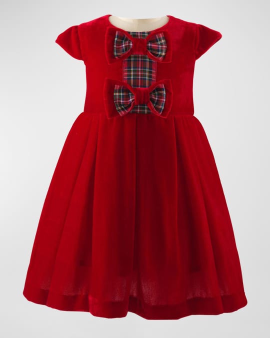 Girl's Bow Velvet Holiday Tartan Bow Dress, Size 6M-24M