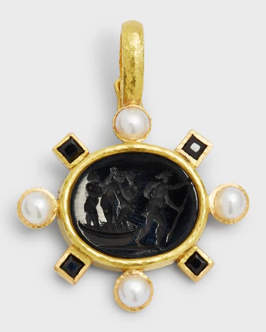 Venetian Glass Intaglio Goddess on Boat Pendant with Pearls and Spinel