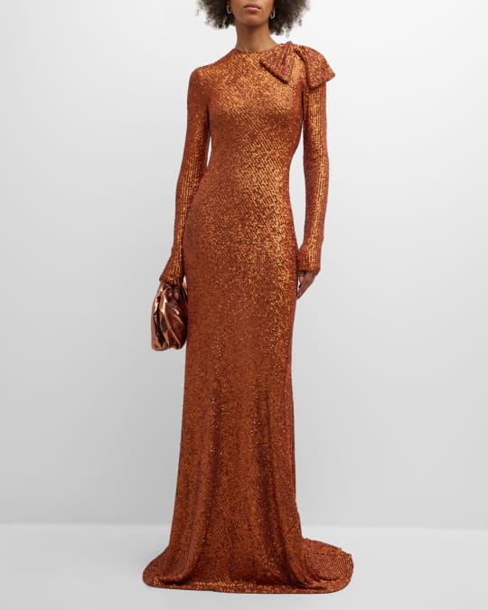 Long Sleeve Sequin Gown with Bow Detail